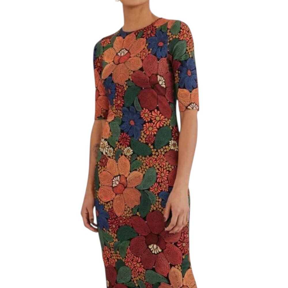 Farm Rio Black Stitched Flowers Lenzing™ Ecovero™ Viscose Midi Dress Size Small - Picture 4 of 16